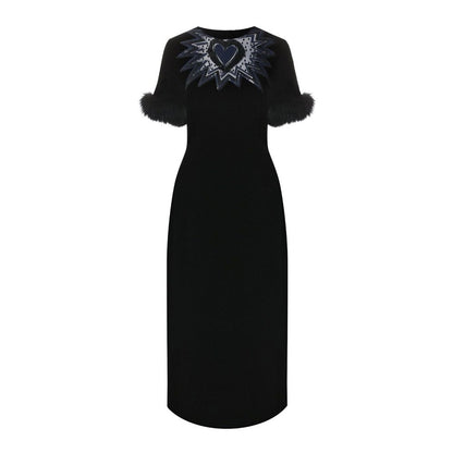 Fur Trim Velvet Midi Dress