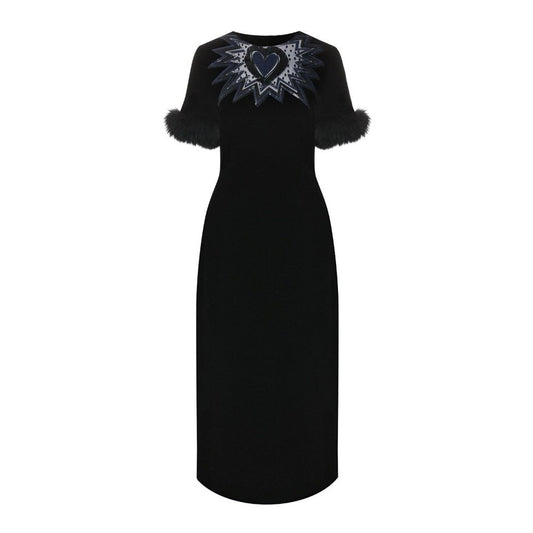 Fur Trim Velvet Midi Dress