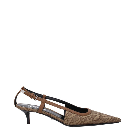 Beige Fabric Mid Heel Pumps