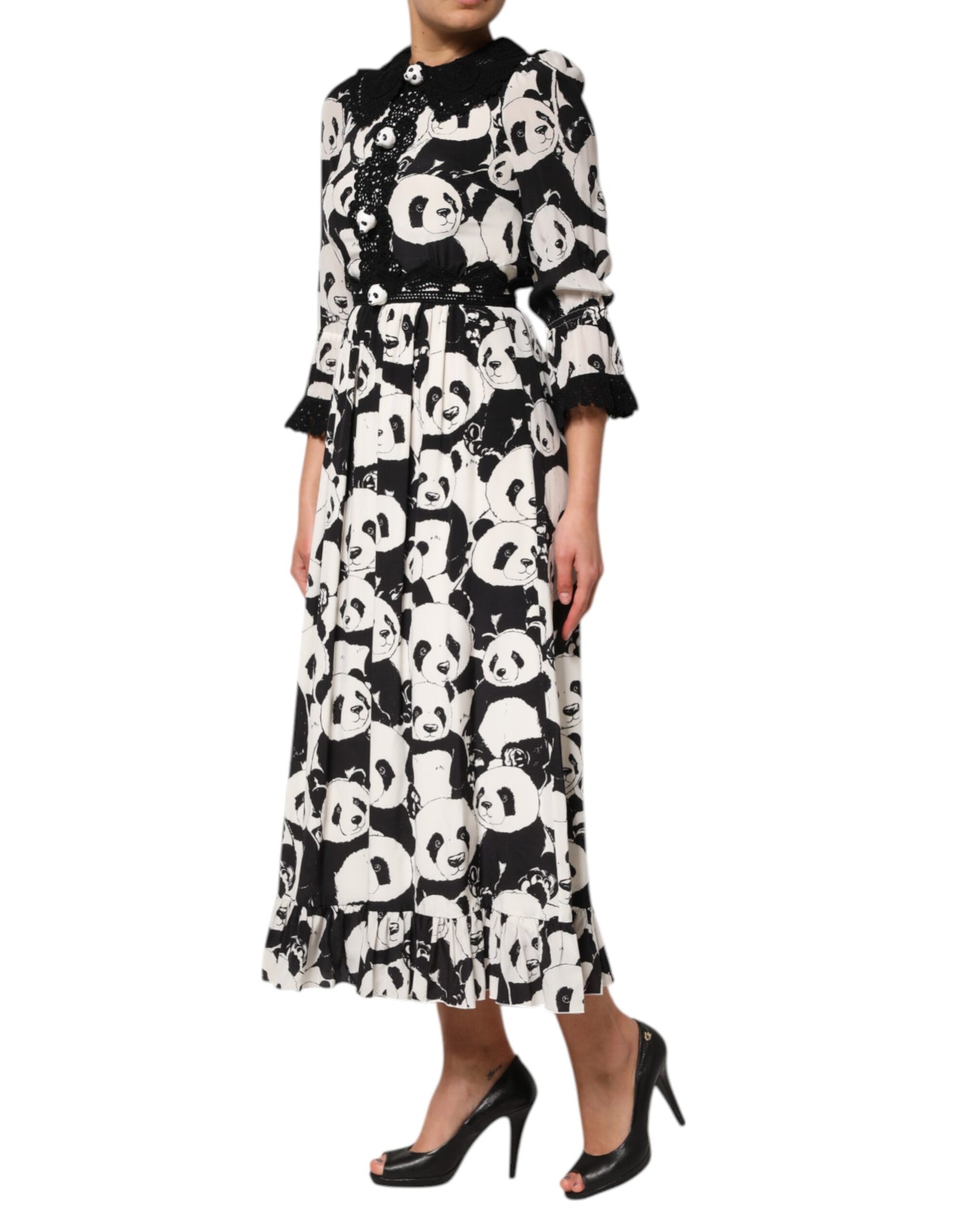 White Black Panda Print Flared Midi Dress