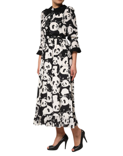 White Black Panda Print Flared Midi Dress