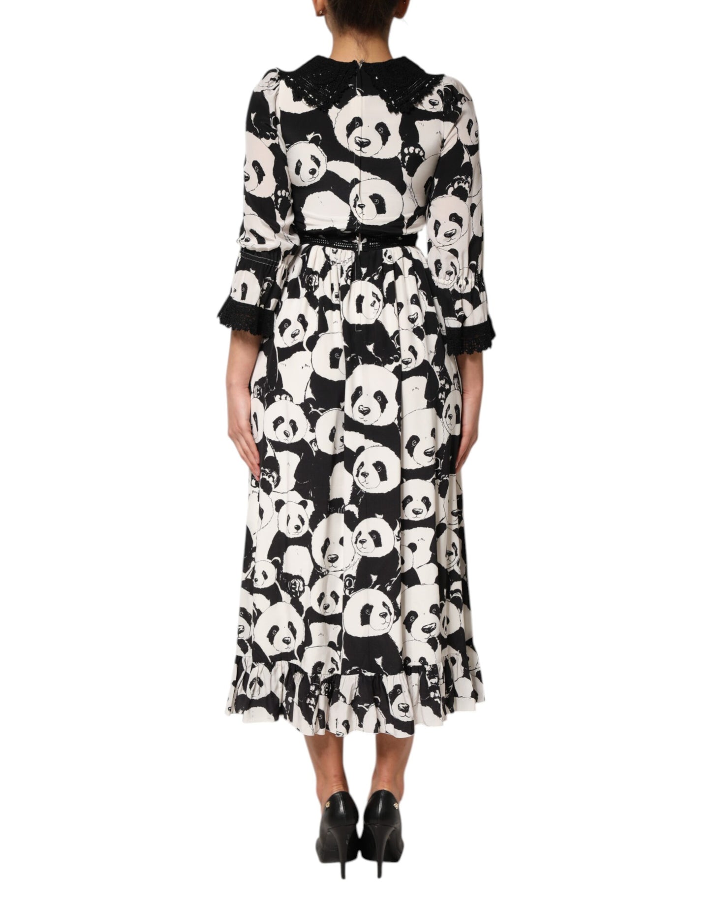 White Black Panda Print Flared Midi Dress