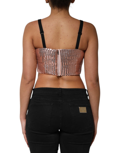 Pink Sequined Nylon Sleeveless Cropped Top