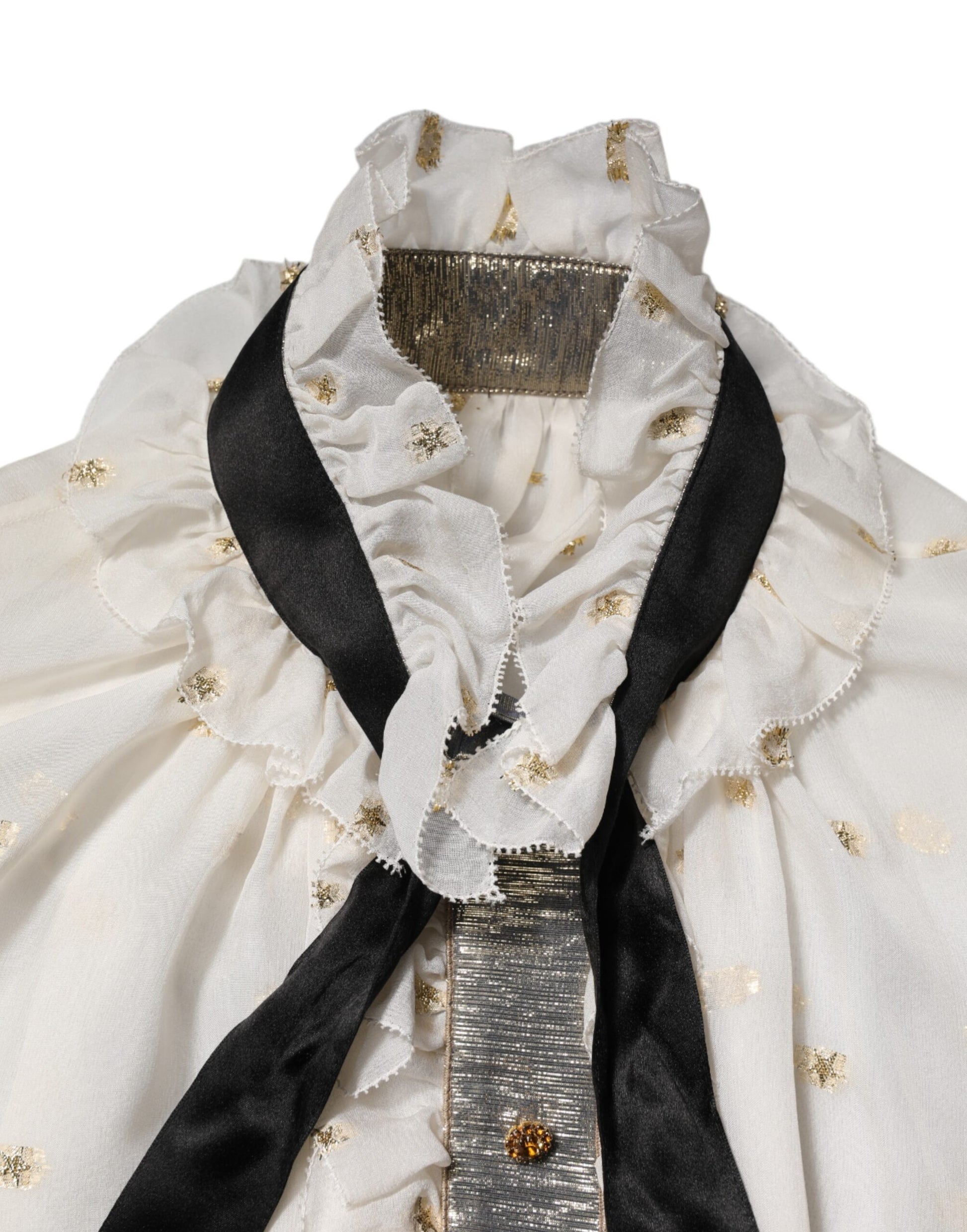 White Black Silk Long Sleeve Ascot Collar Top