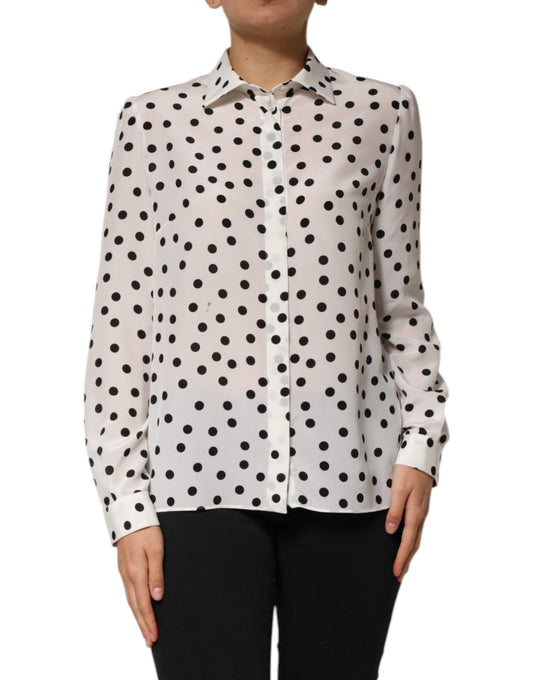 White Black Dotted Silk Long Sleeves Top