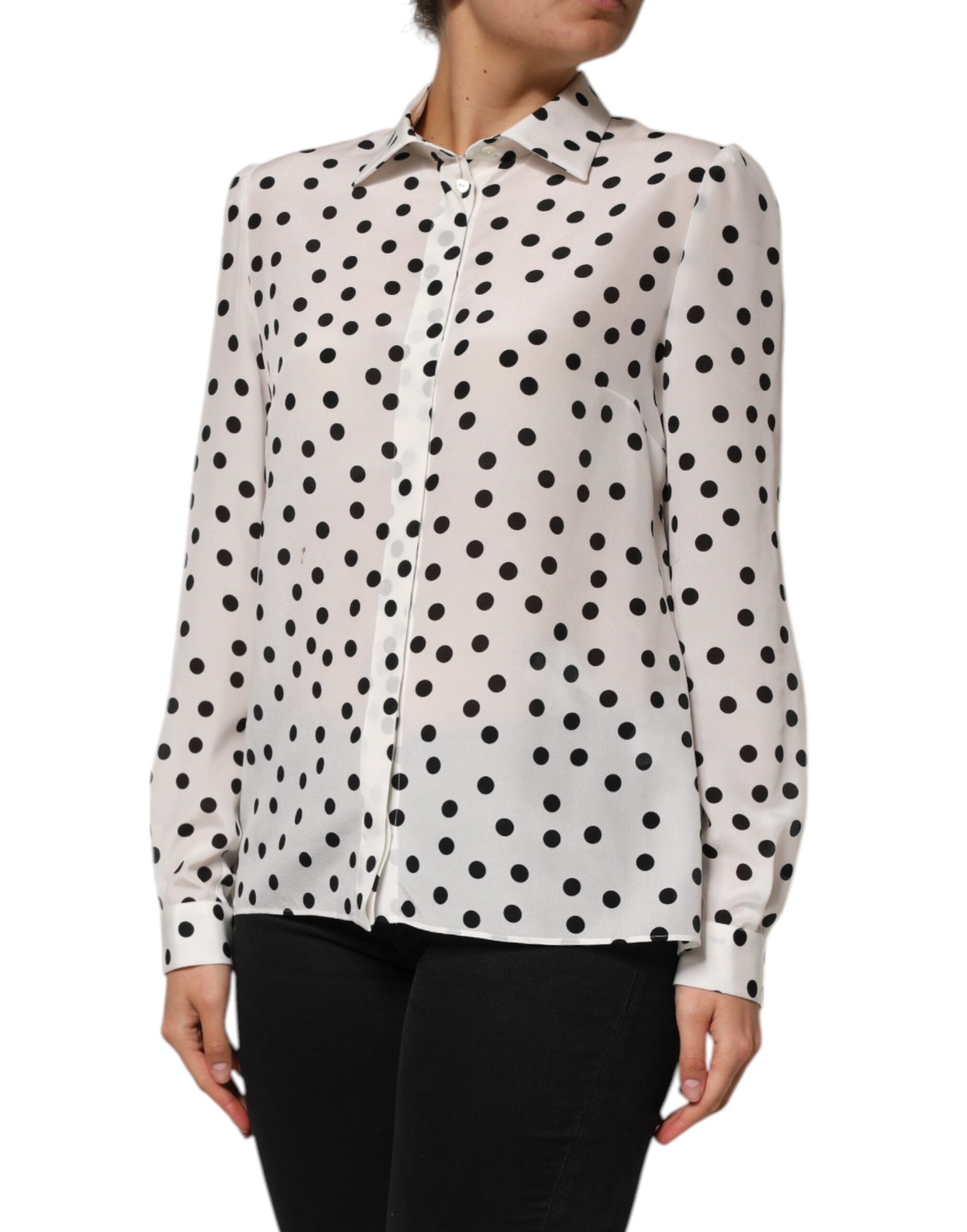 White Black Dotted Silk Long Sleeves Top