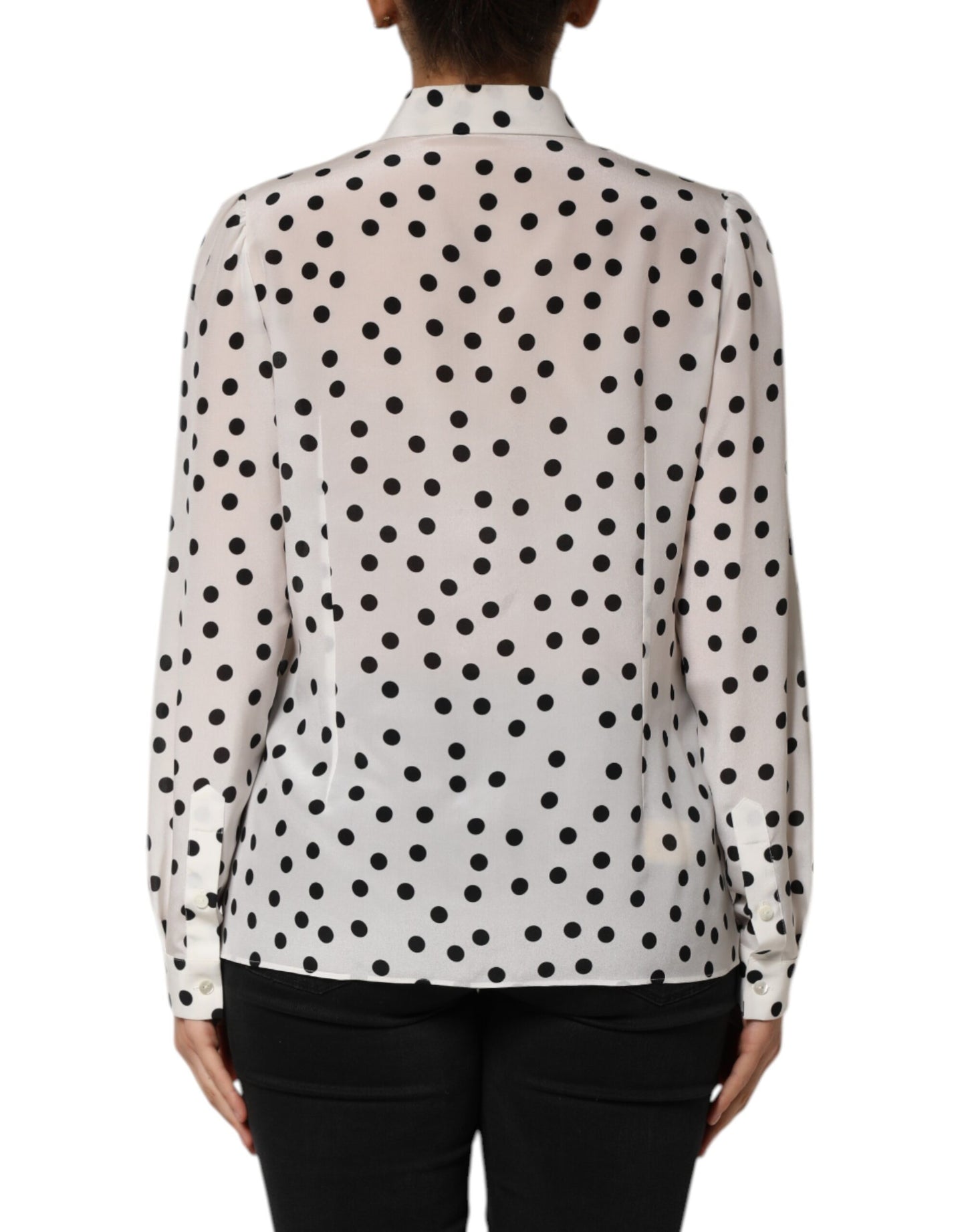 White Black Dotted Silk Long Sleeves Top