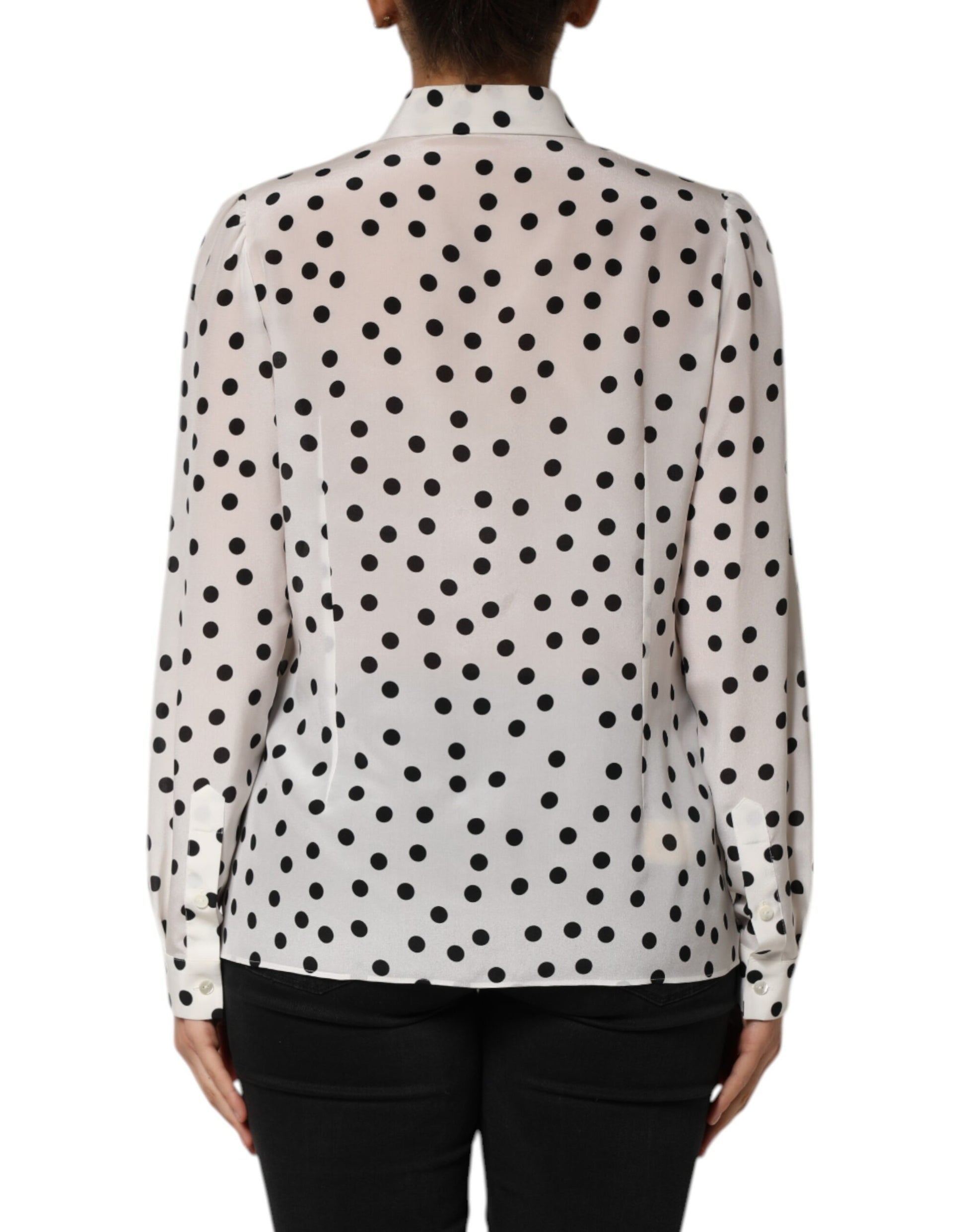 White Black Dotted Silk Long Sleeves Top