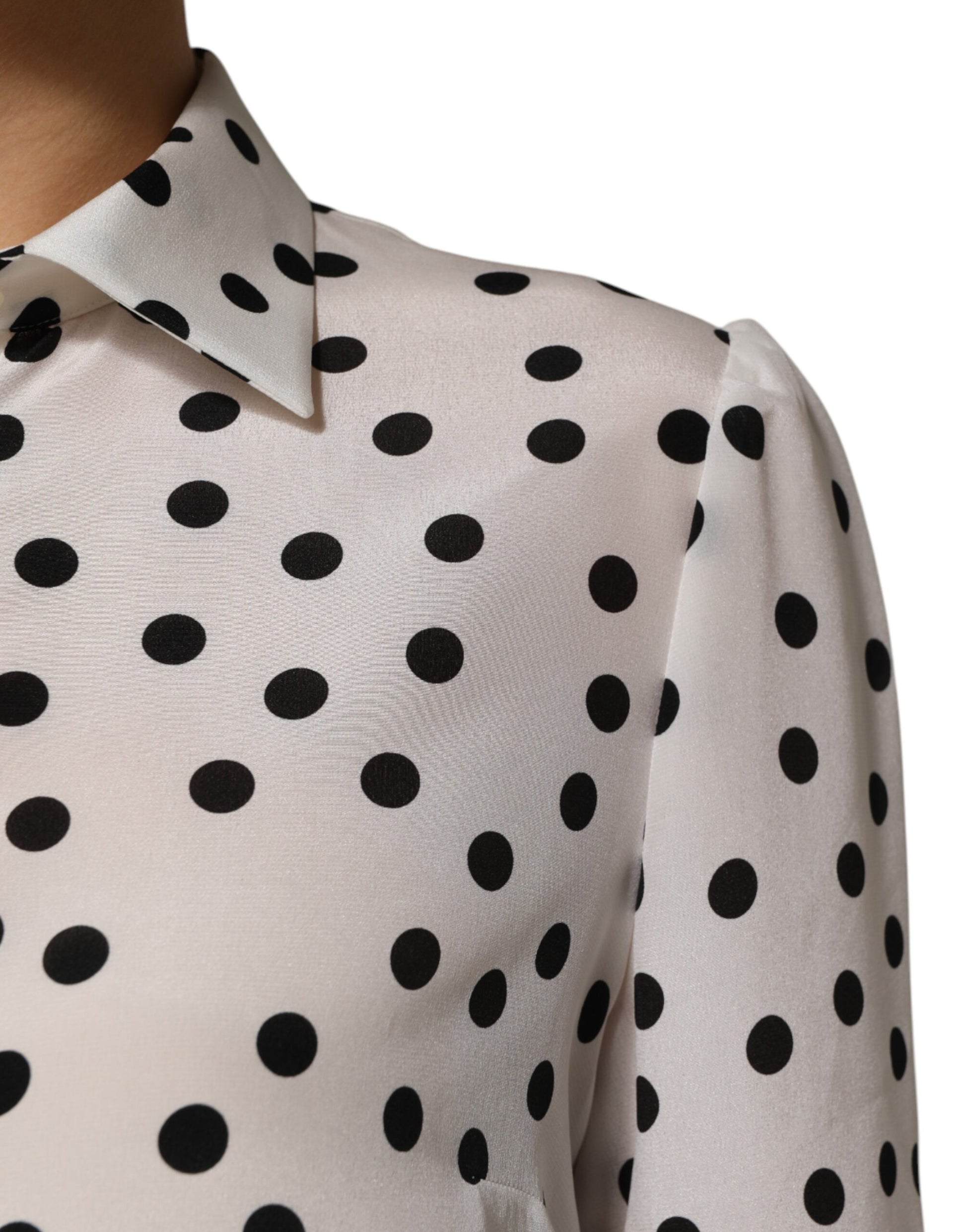 White Black Dotted Silk Long Sleeves Top