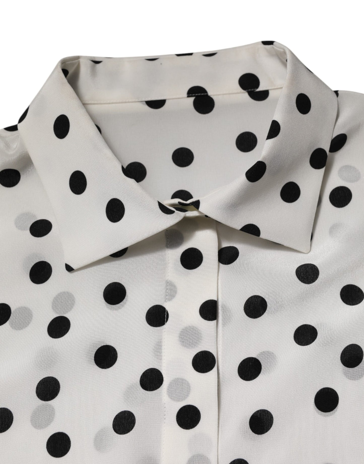 White Black Dotted Silk Long Sleeves Top