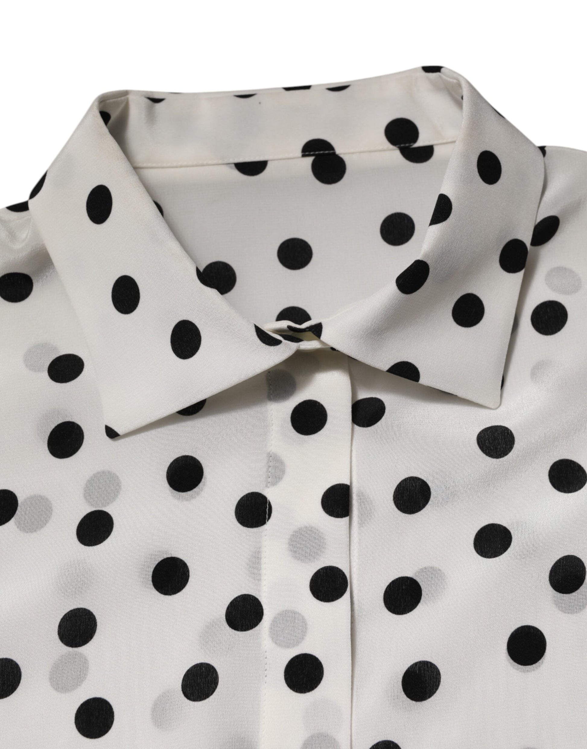 White Black Dotted Silk Long Sleeves Top