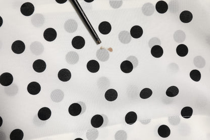 White Black Dotted Silk Long Sleeves Top