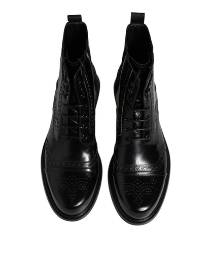 Black Leather Lace Up Mid Calf Boots Shoes
