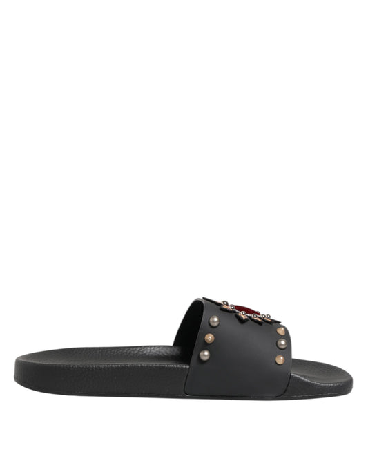 Black Rubber Sacred Heart Slides Men Beachwear Shoes