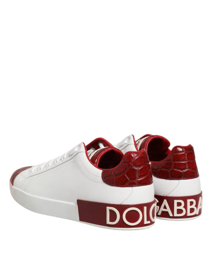 White Red Leather Lace Up Sneakers Shoes