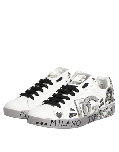 White Leather Crystal Portofino Sneakers Shoes