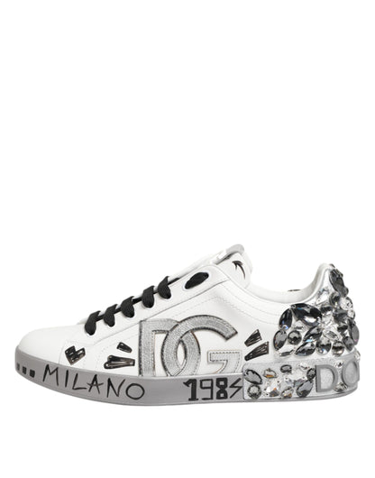 White Leather Crystal Portofino Sneakers Shoes