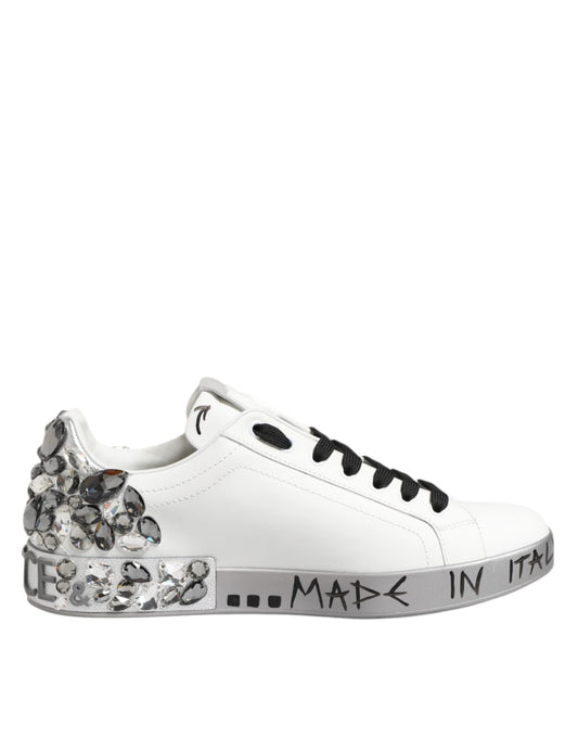 White Leather Crystal Portofino Sneakers Shoes