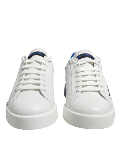 White Blue Leather Logo Low Top Sneakers Shoes