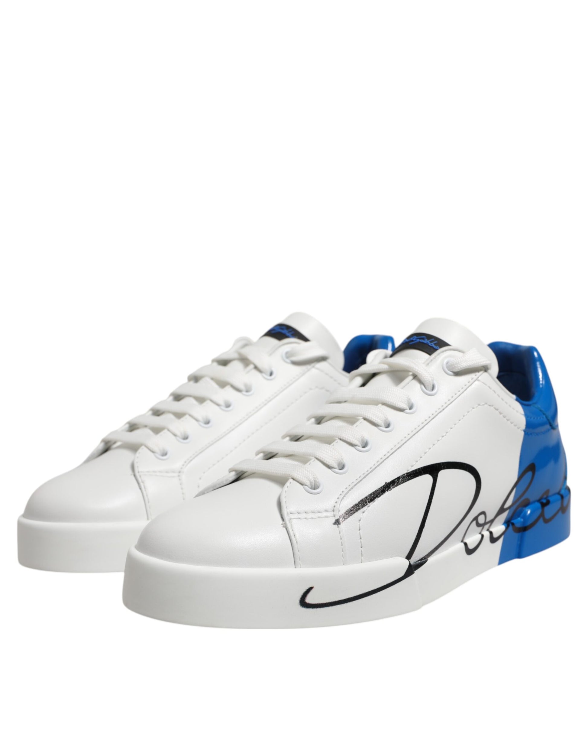 White Blue Leather Logo Low Top Sneakers Shoes