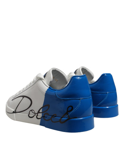 White Blue Leather Logo Low Top Sneakers Shoes