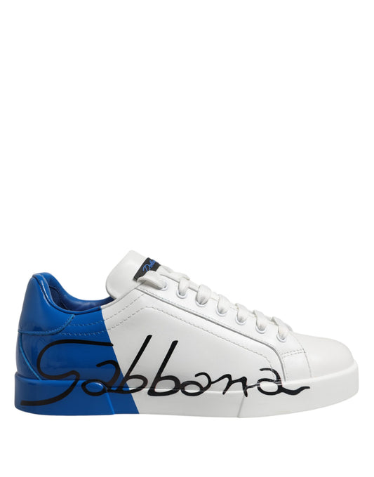 White Blue Leather Logo Low Top Sneakers Shoes