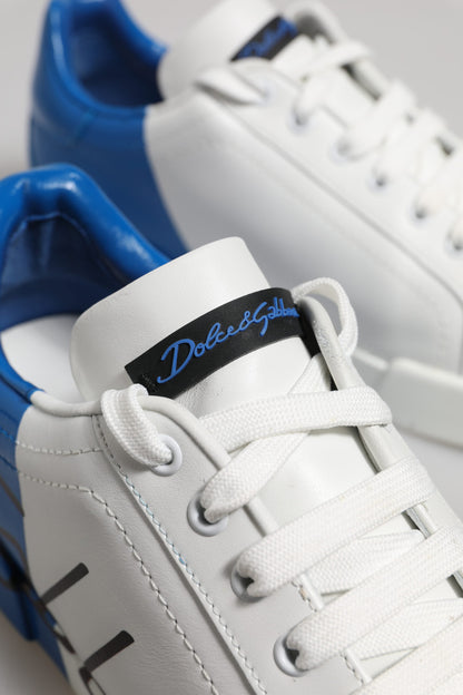 White Blue Leather Logo Low Top Sneakers Shoes