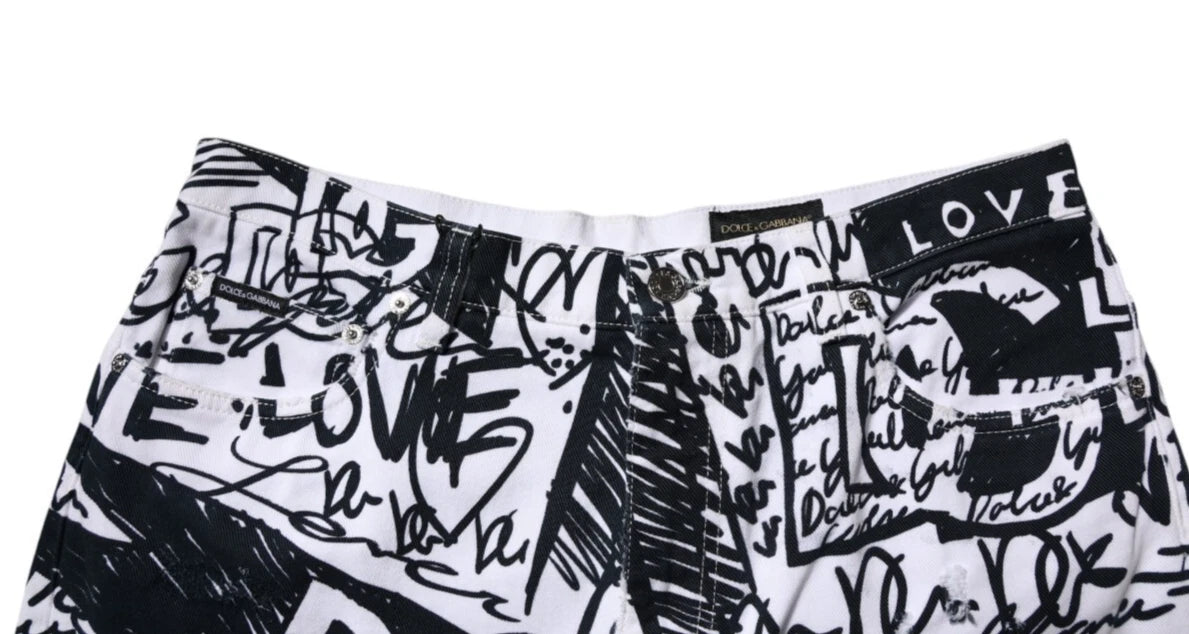 White Graffiti Cotton Men Bermuda Denim Shorts