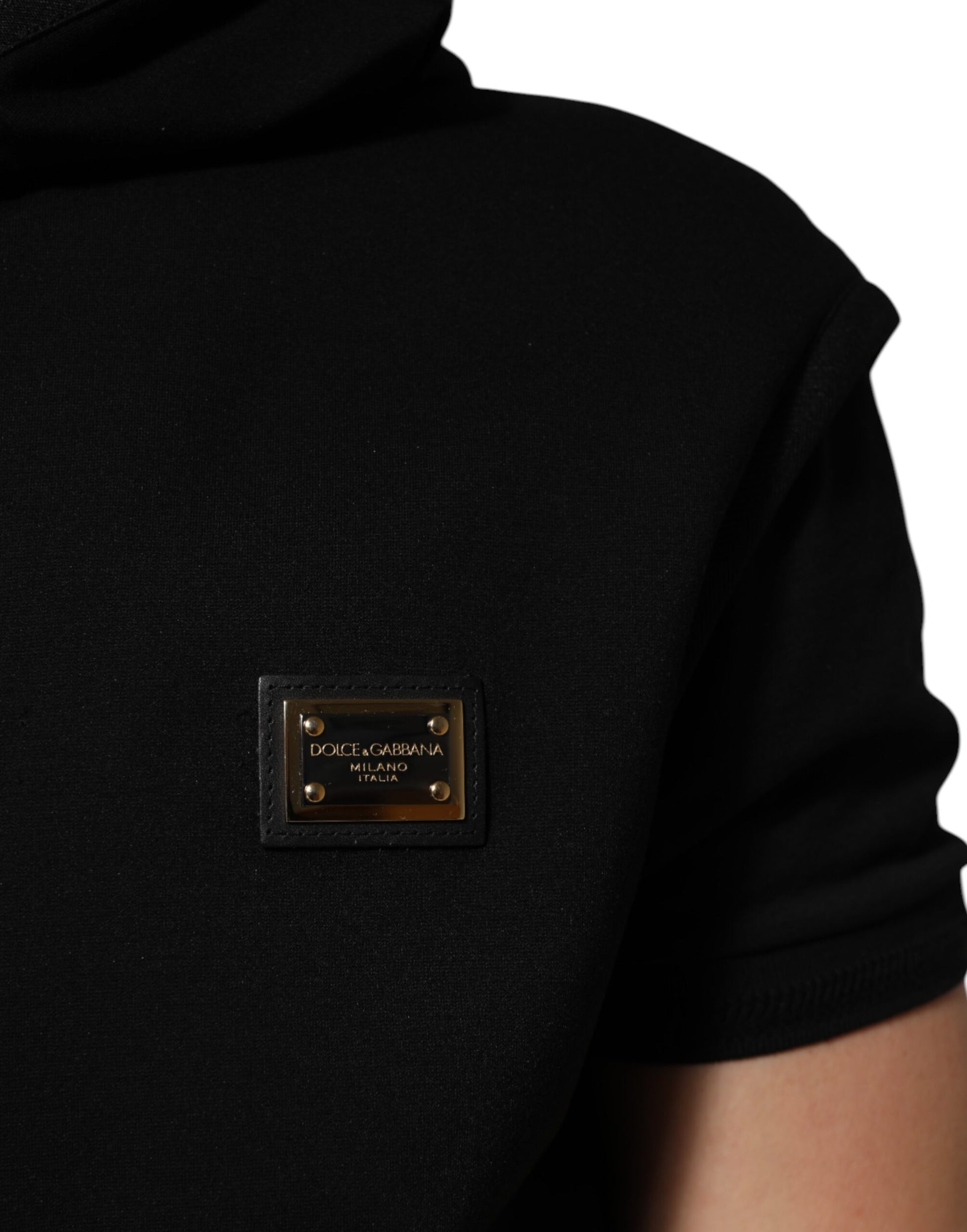 Black Sleeveless Hooded Logo Plaque Jacket