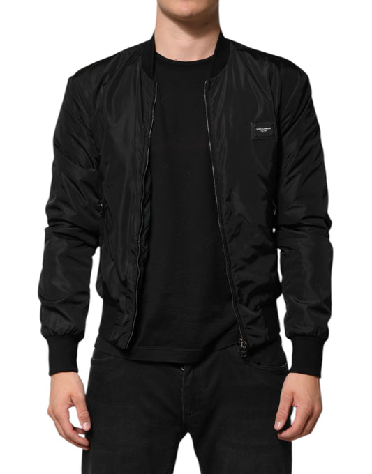 Black Nylon Logo Plaque Men Bomber Jacket