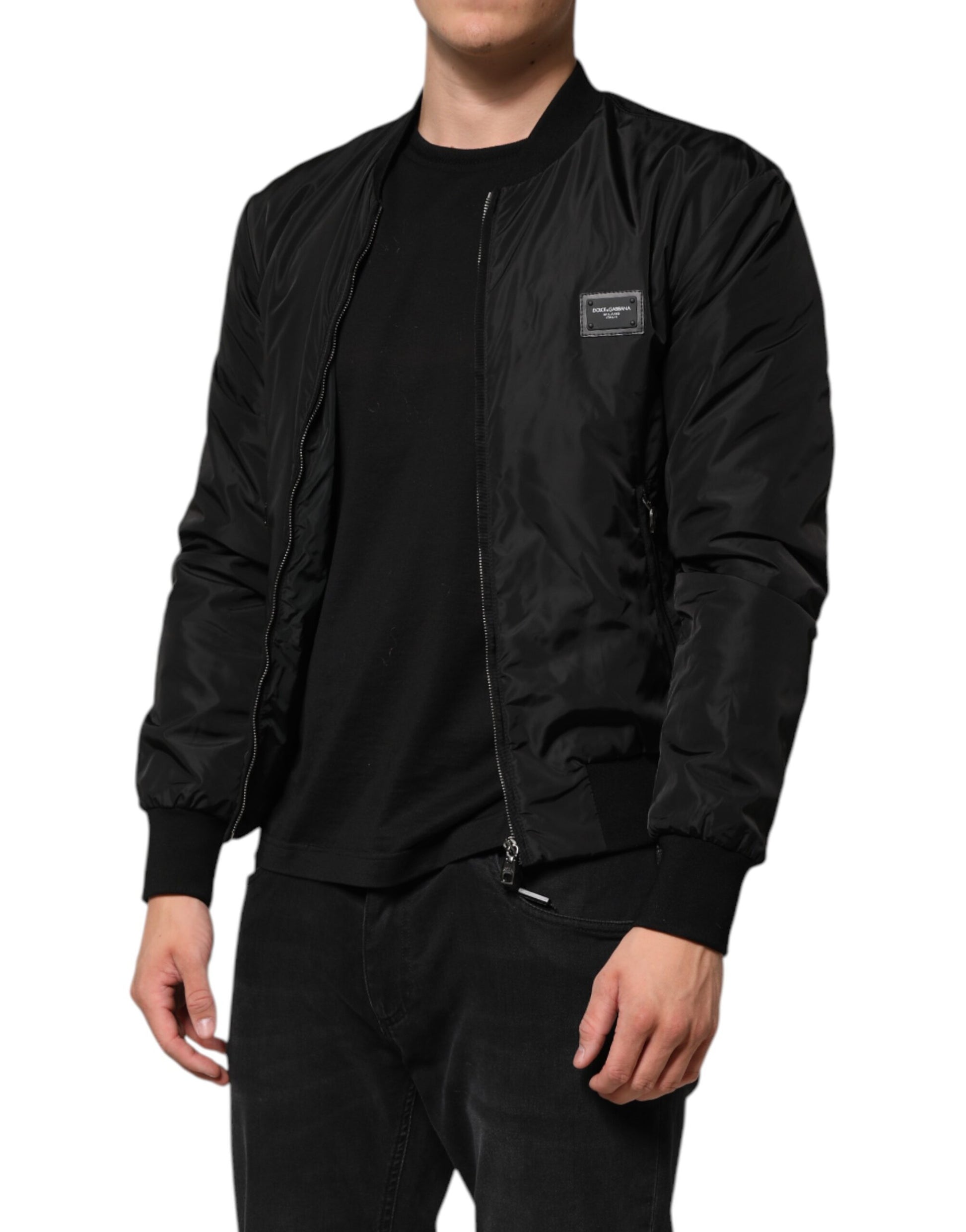 Black Nylon Logo Plaque Men Bomber Jacket