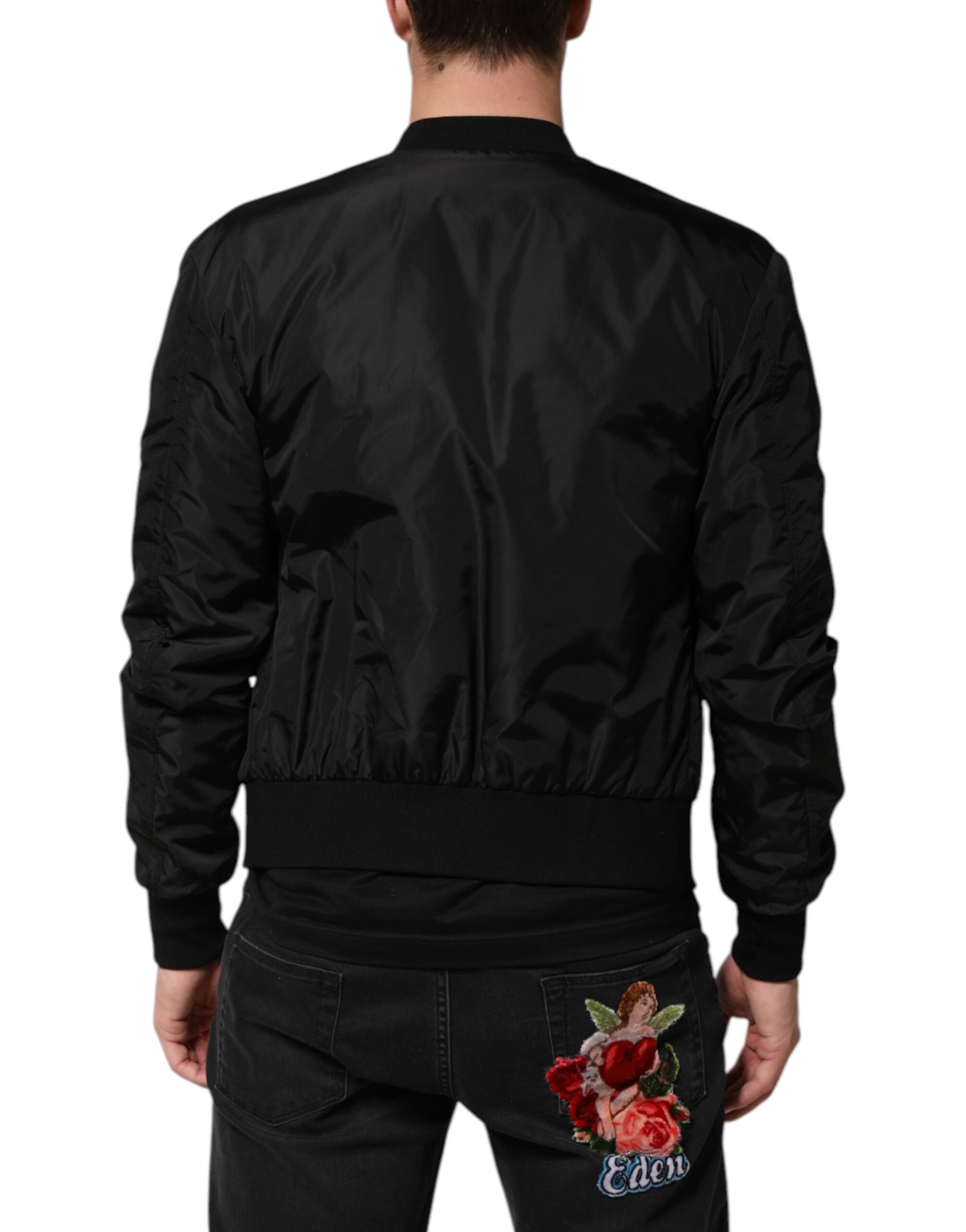 Black Nylon Logo Plaque Men Bomber Jacket