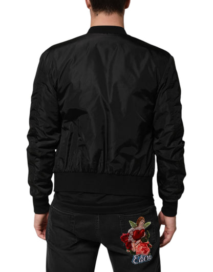Black Nylon Logo Plaque Men Bomber Jacket