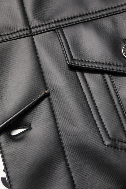 Black Polyester Button Down Biker Jacket