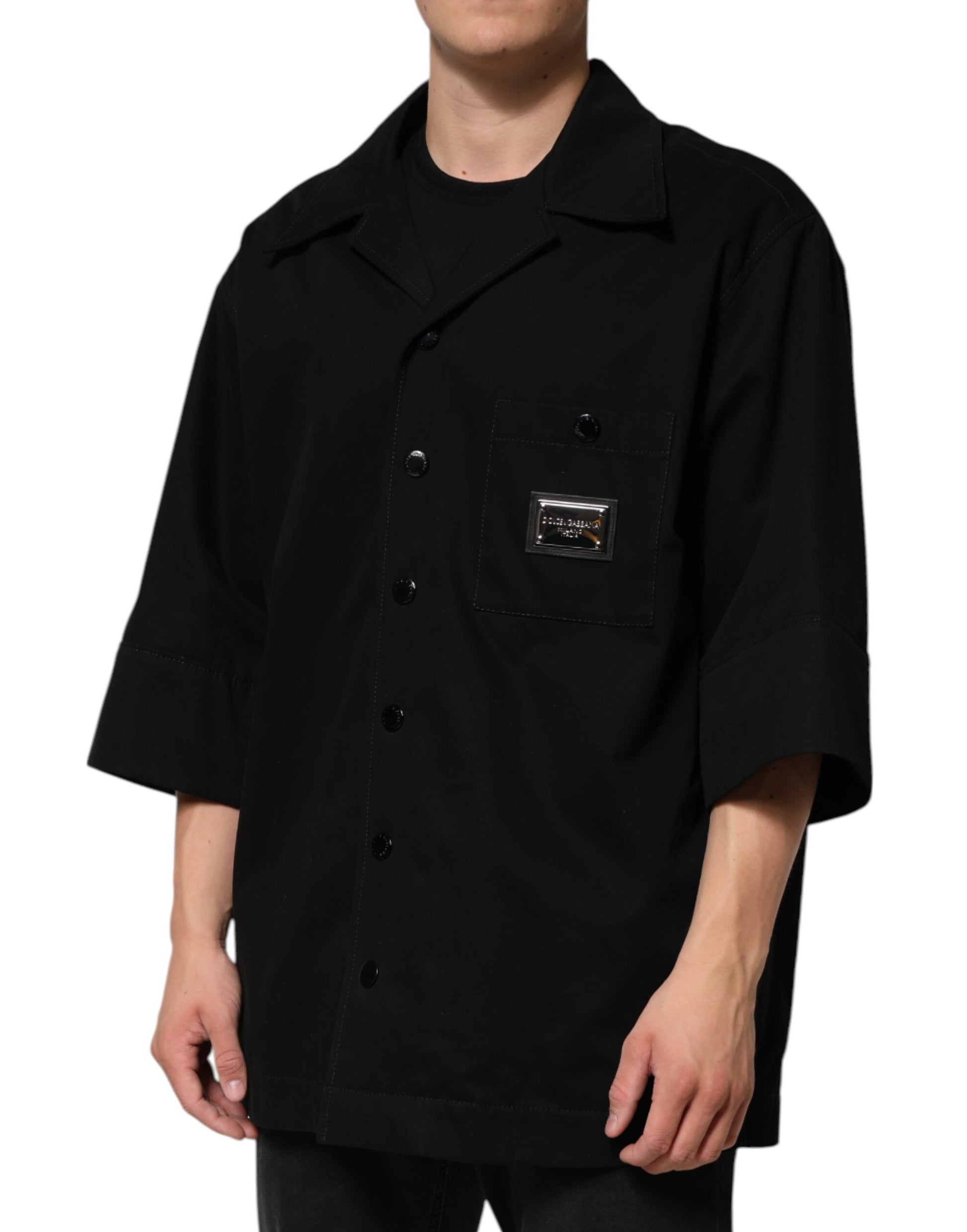 Black Short Sleeve Button Men Casual Shirt