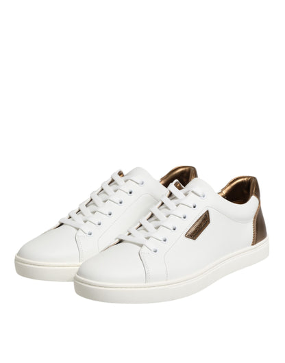White Brown Leather Low Top Sneakers Shoes