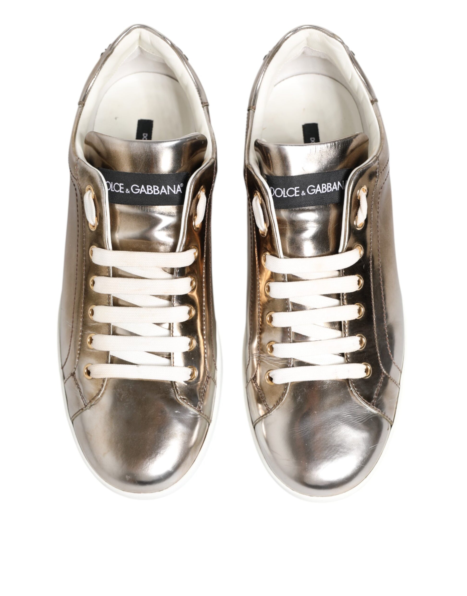 Gold White Leather Low Top Men Sneakers Shoes