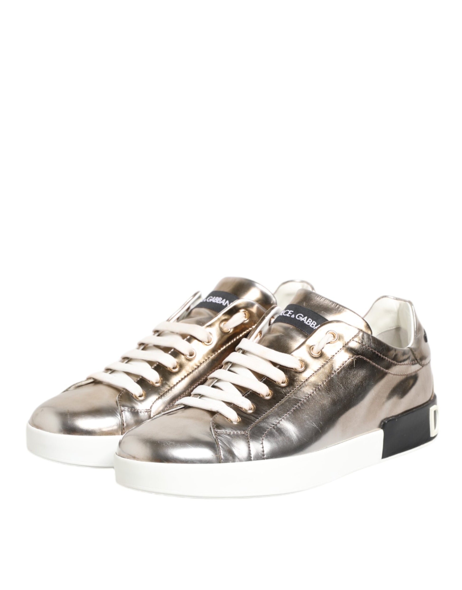 Gold White Leather Low Top Men Sneakers Shoes