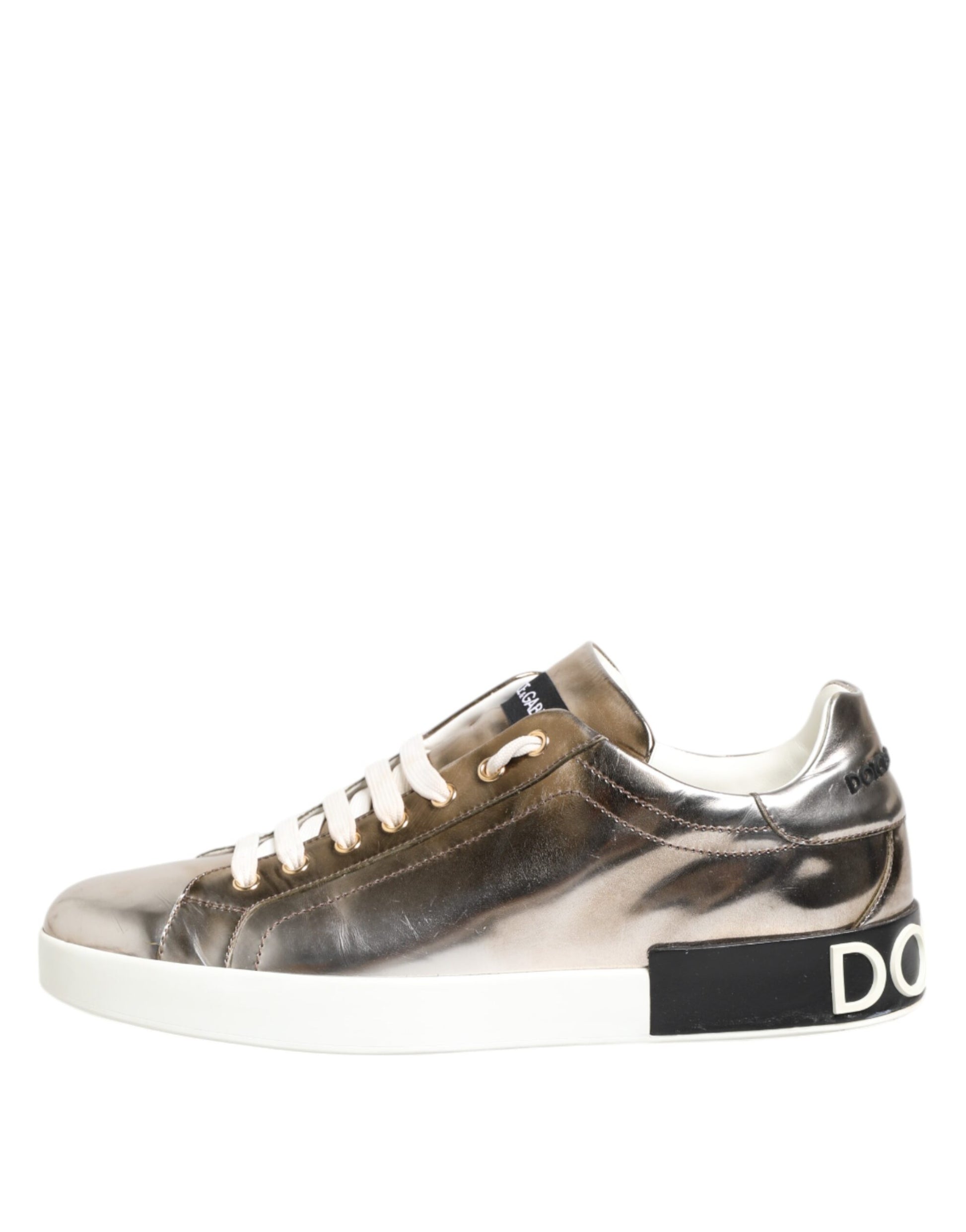 Gold White Leather Low Top Men Sneakers Shoes
