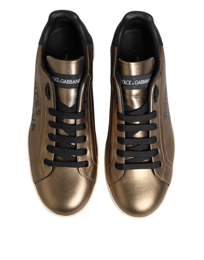 Gold White Leather Low Top Men Sneakers Shoes