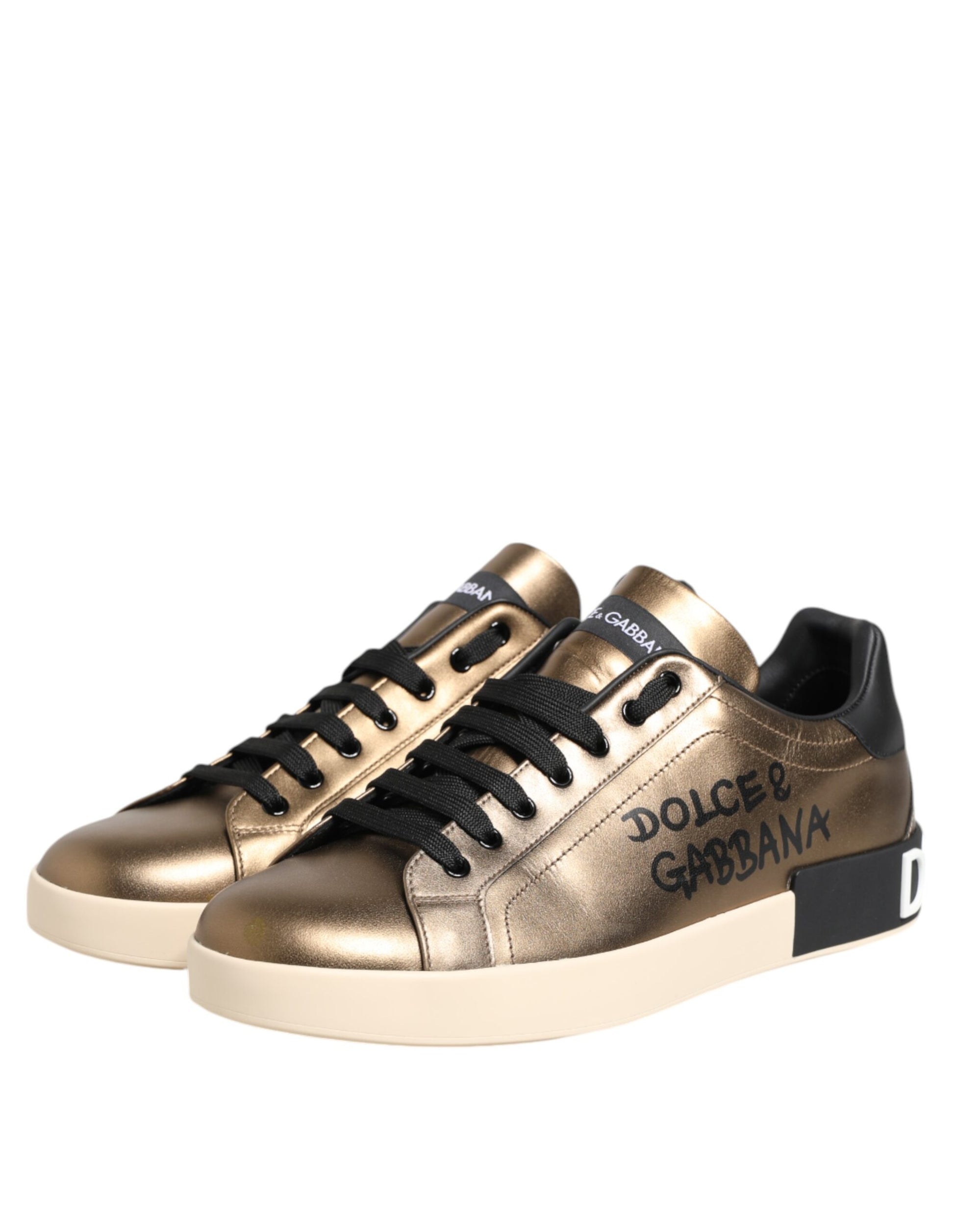 Gold White Leather Low Top Men Sneakers Shoes