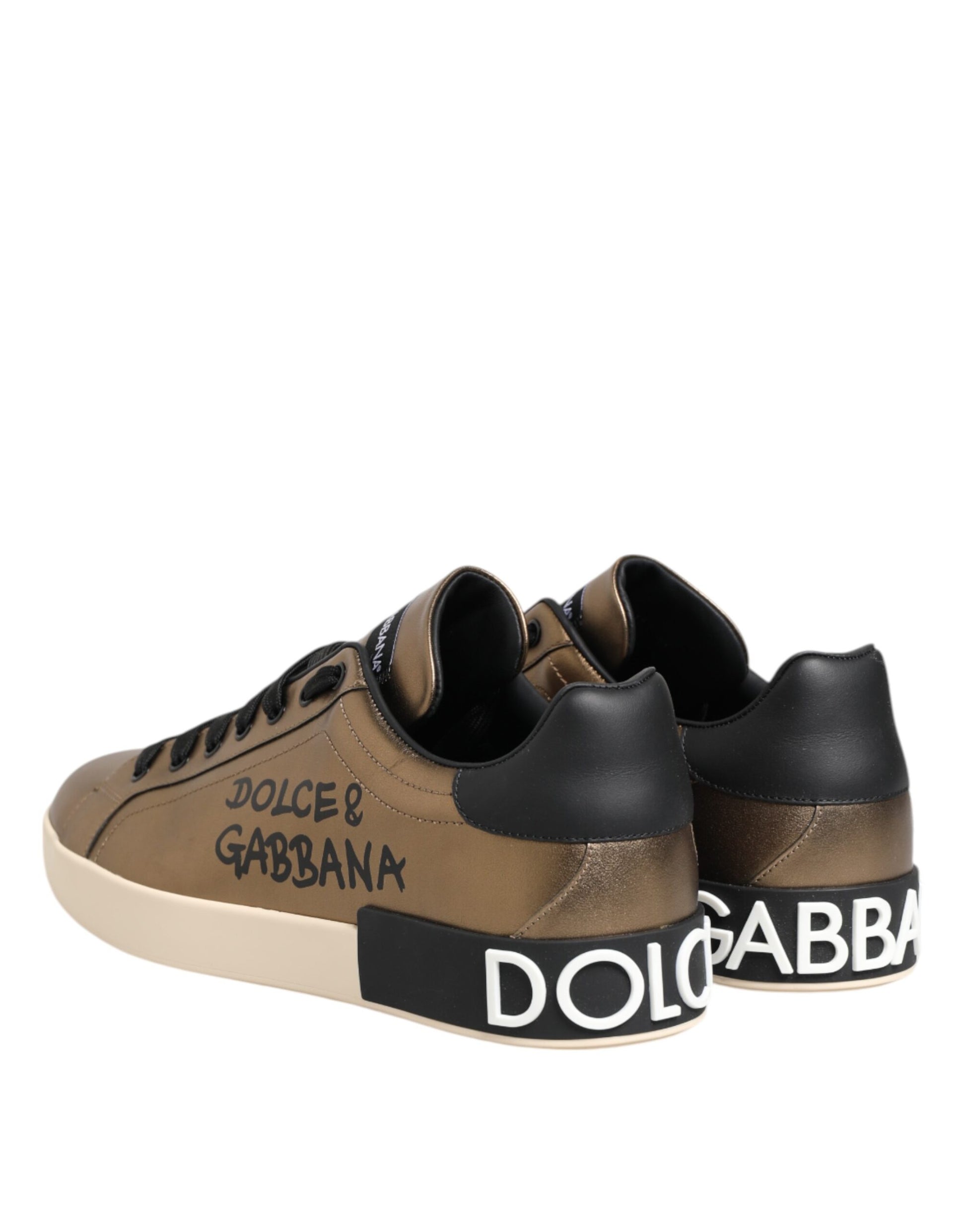 Gold White Leather Low Top Men Sneakers Shoes