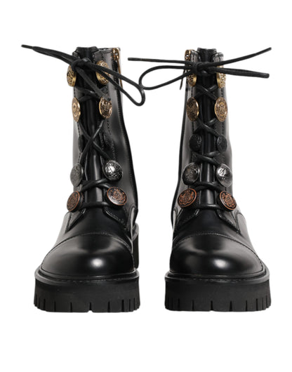 Black Leather Mid Calf Biker Boots Shoes