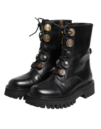Black Leather Mid Calf Biker Boots Shoes