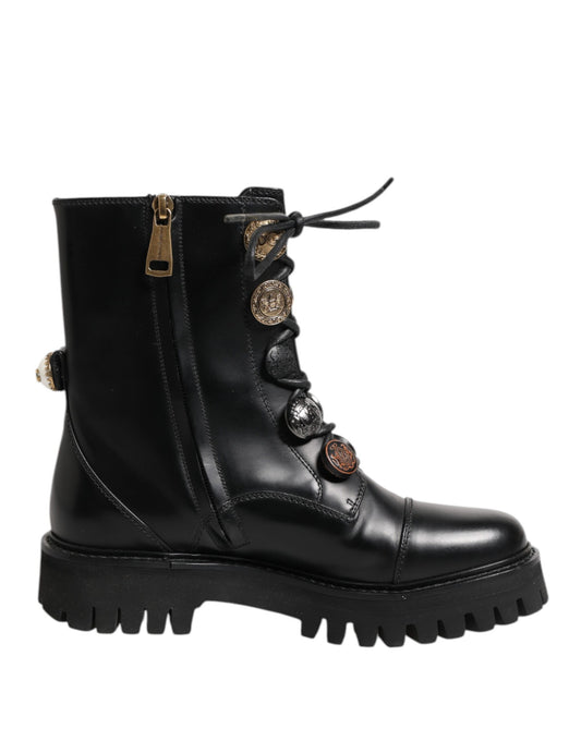 Black Leather Mid Calf Biker Boots Shoes