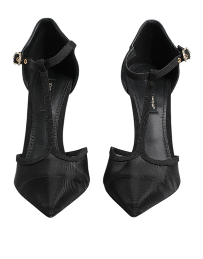 Black Mesh T-strap Stiletto High Heels Shoes