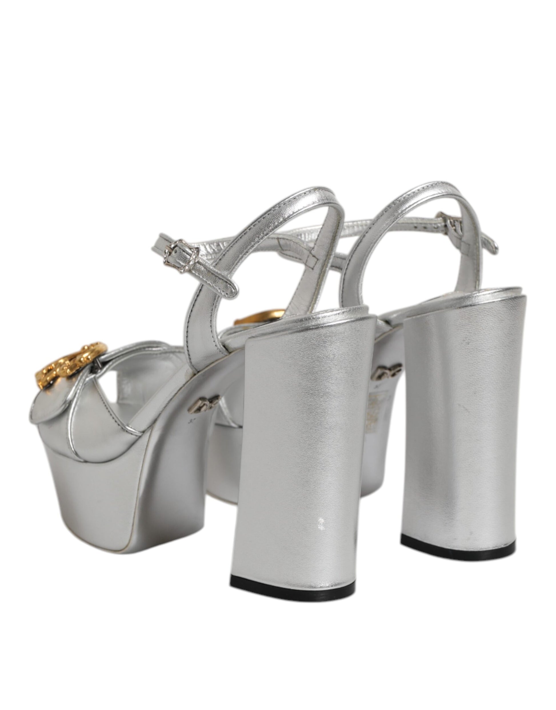 Silver Logo Ankle Strap Heels Sandals Shoes