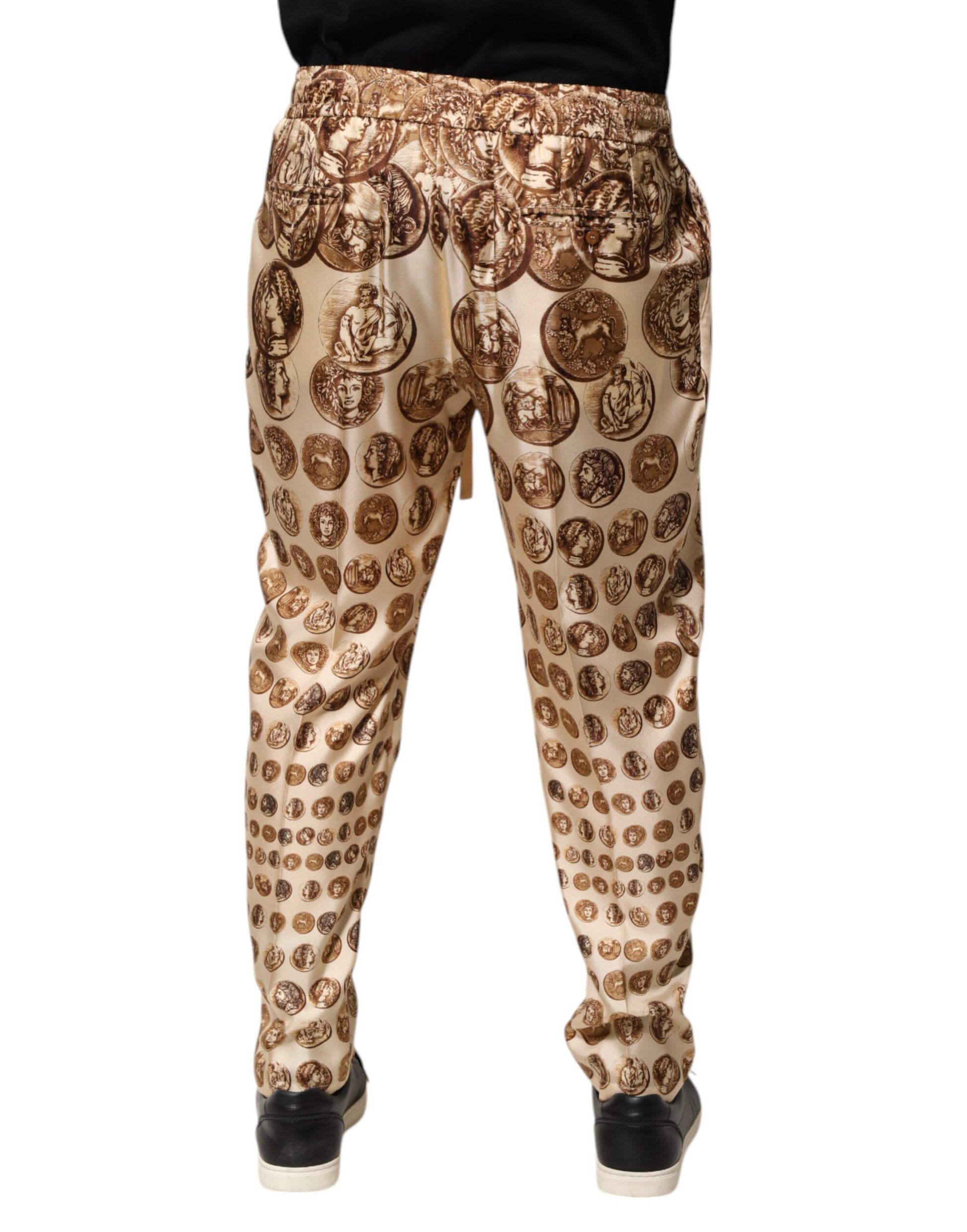 Beige Coin Print Silk Twill Men Jogger Pants