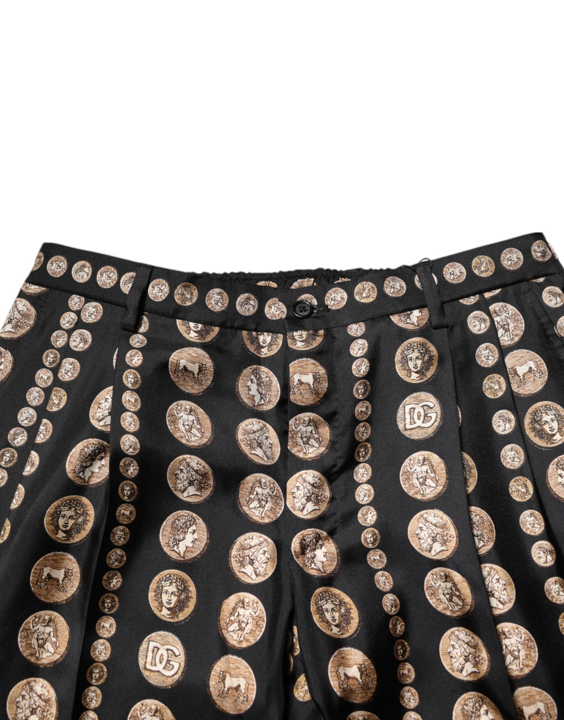 Black Coin Print Silk Skinny Men Trouser Pants