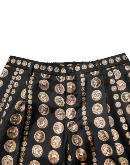 Black Coin Print Silk Skinny Men Trouser Pants